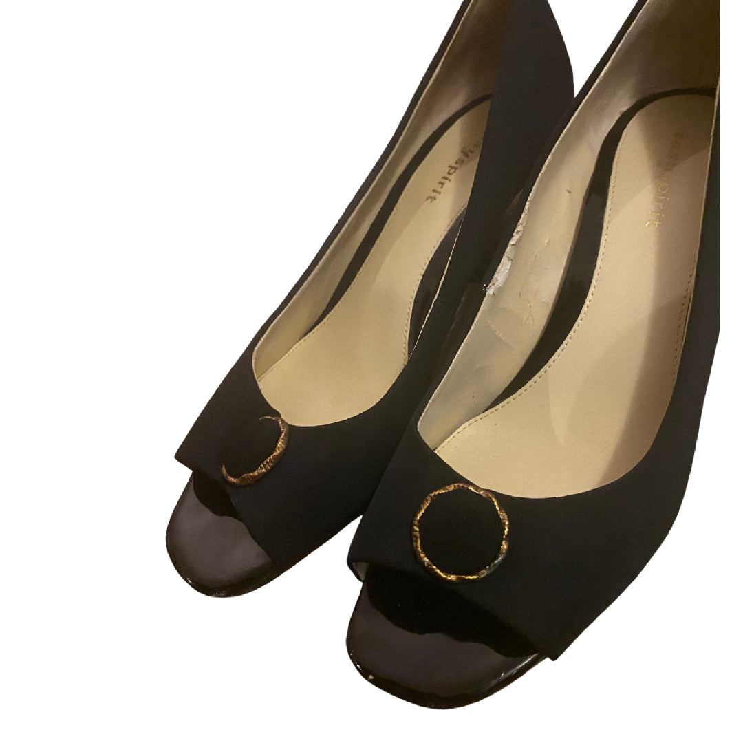 Upcycled Vintage Black/Gold  Velvet Button Peep-Toe Kitten Heels (8)