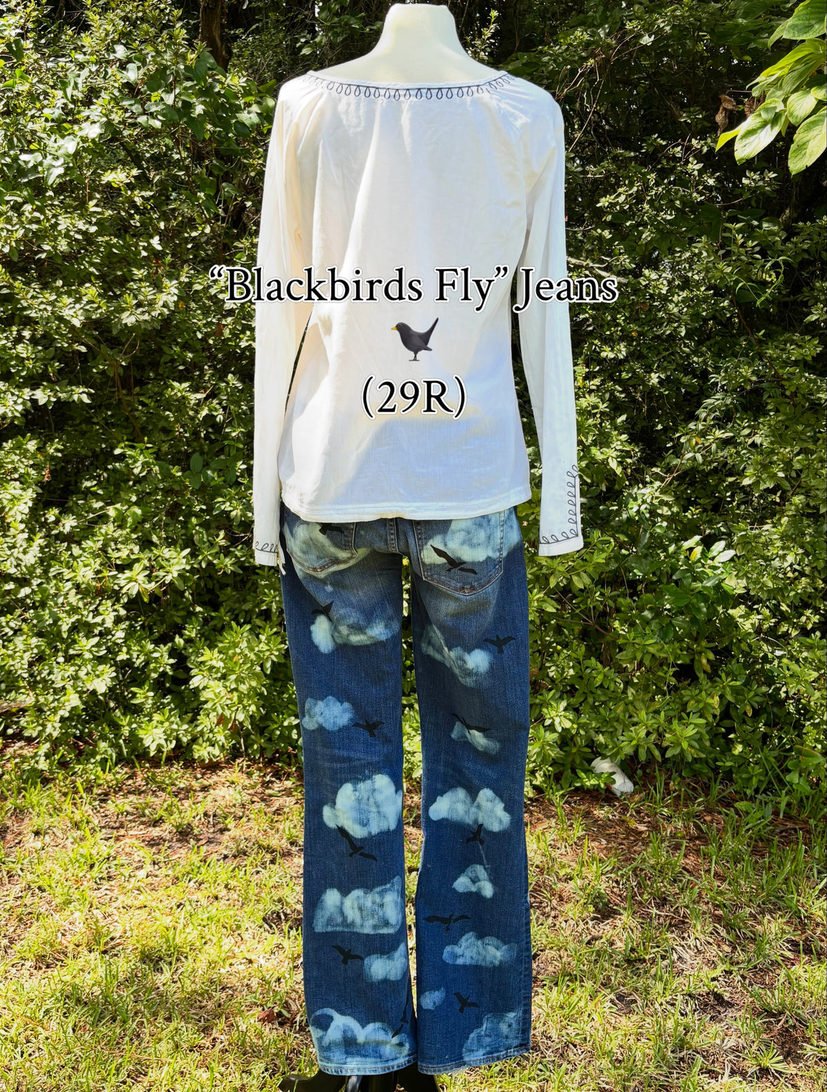 “Blackbirds Fly” Upcycled Medium Curvy Bootcut Jeans (29 R)