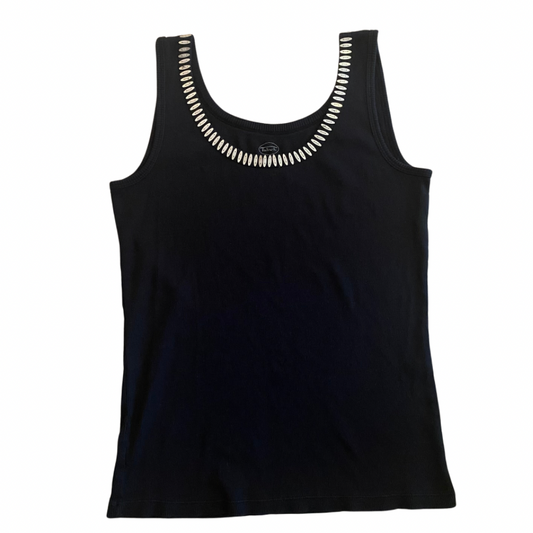 Y2K Embellished Silver & Black Ribbed Cotton Tank Top (S)