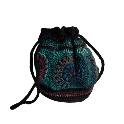 Retro Crocheted Granny Square Drawstring Pouch Bags | Made by Maya