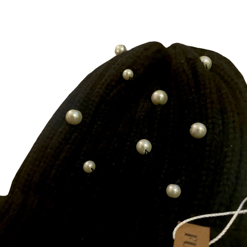🔔 Upcycled Pearl-Studded Black Knit Beanie