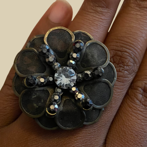 Vintage Rhinestone & Marcasite Studded Large Flower Cocktail Ring with Bronze/ Steel Mesh Petals (7)