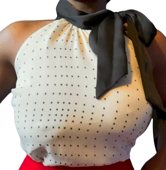60’s Mod Black & White Polka Dot Sleeveless Bow Collar Blouse (M)