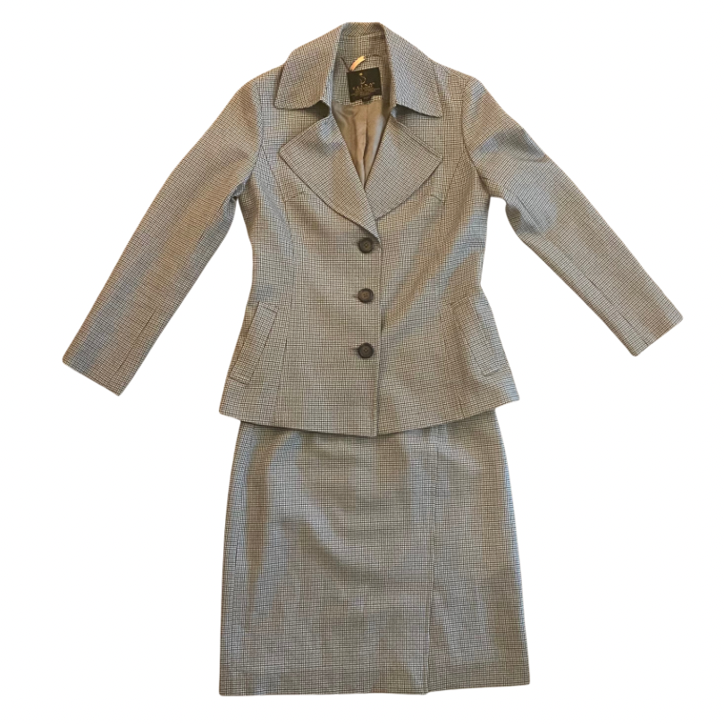 Vintage Green/Brown/White Plaid Print Button Down Skirt Suit (Small/Medium)