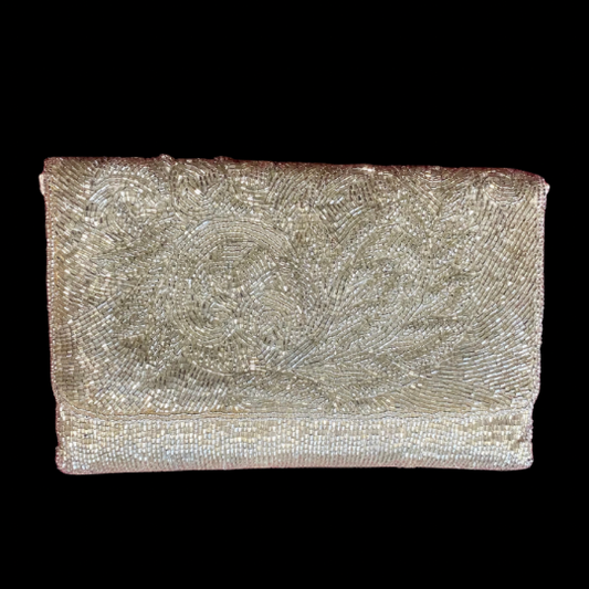 Vintage 60’s/70’s Silver Beaded Ivory Satin Evening Bag with Woven Cotton Shoulder Strap