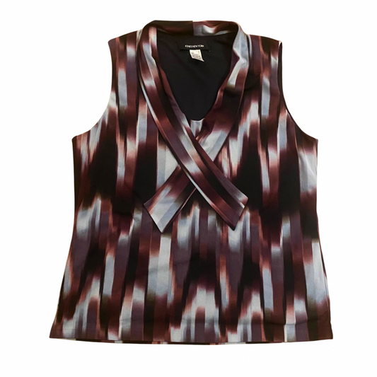 Black, Purple, & Blue Graphic Print Tie-Front Sleeveless Blouse (L)