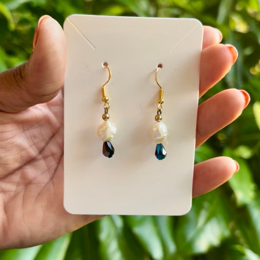 Mermaid Tears | Costume White Baroque Pearl & AB Black/Blue Drop Earrings