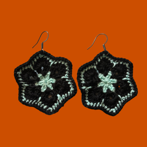 Black & Icy Blue Micro-crocheted Cotton Flower Earrings