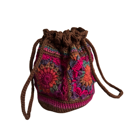 Retro Crocheted Granny Square Drawstring Pouch Bags | Made by Maya