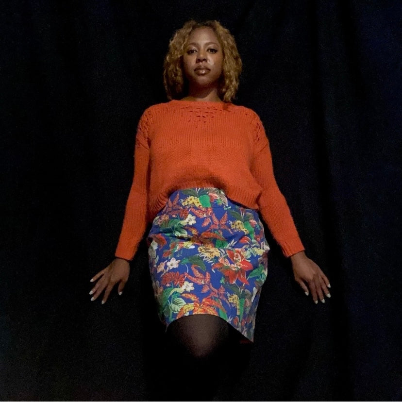 Cobalt Blue Tropical Print Pencil Skirt  (12)