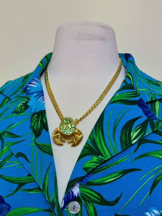 Emerald Rhinestone Studded Crab Pendant Stamped 18 Karat Yellow Gold Chain Necklace