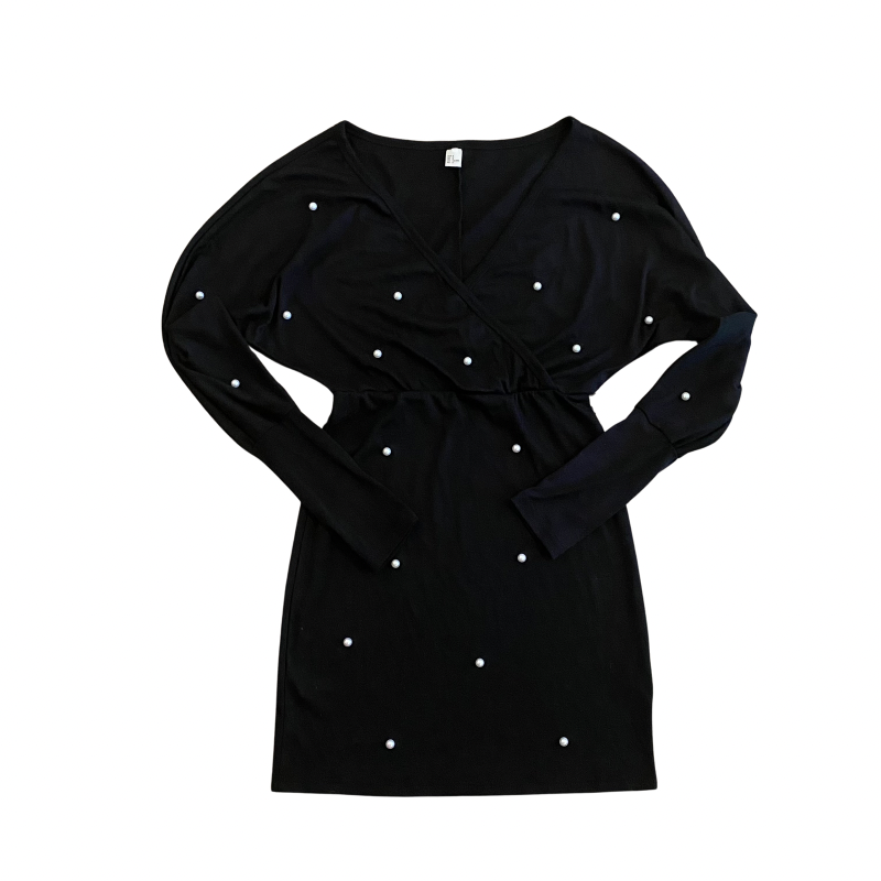 🔔 V-Neck Black Pearl Embellished Dress (S)