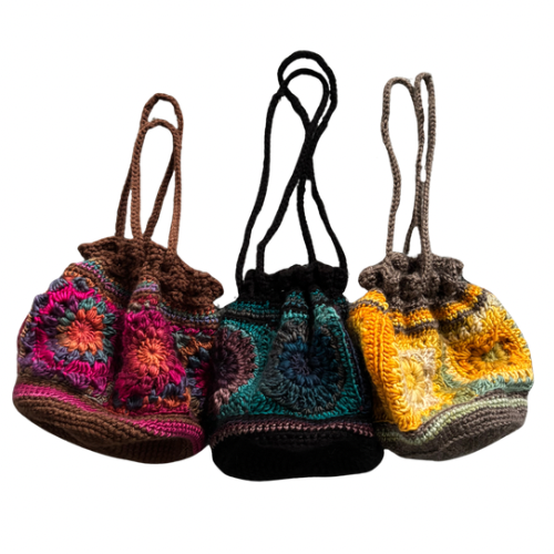Retro Crocheted Granny Square Drawstring Pouch Bags | Made by Maya