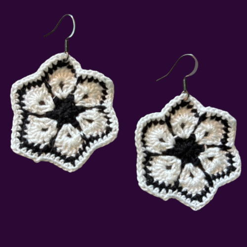 Black & White Micro-crocheted Cotton Flower Earrings