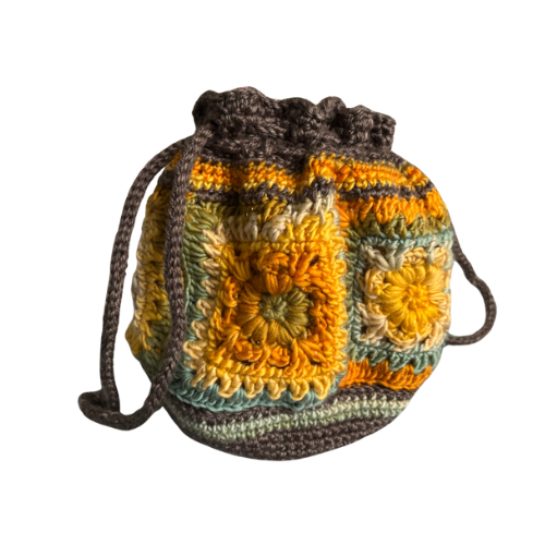 Retro Crocheted Granny Square Drawstring Pouch Bags | Made by Maya