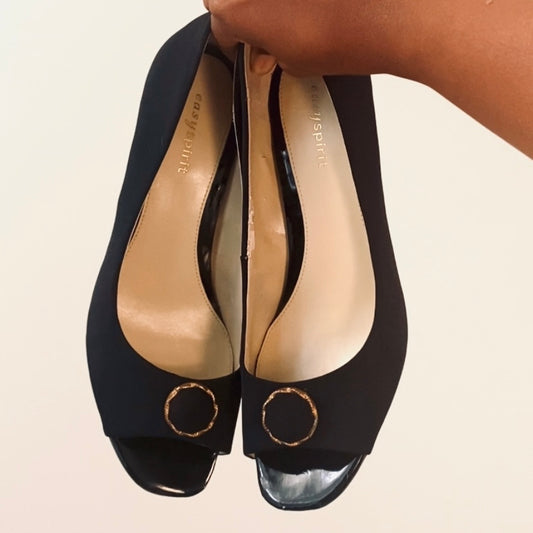 Upcycled Vintage Black/Gold  Velvet Button Peep-Toe Kitten Heels (8)