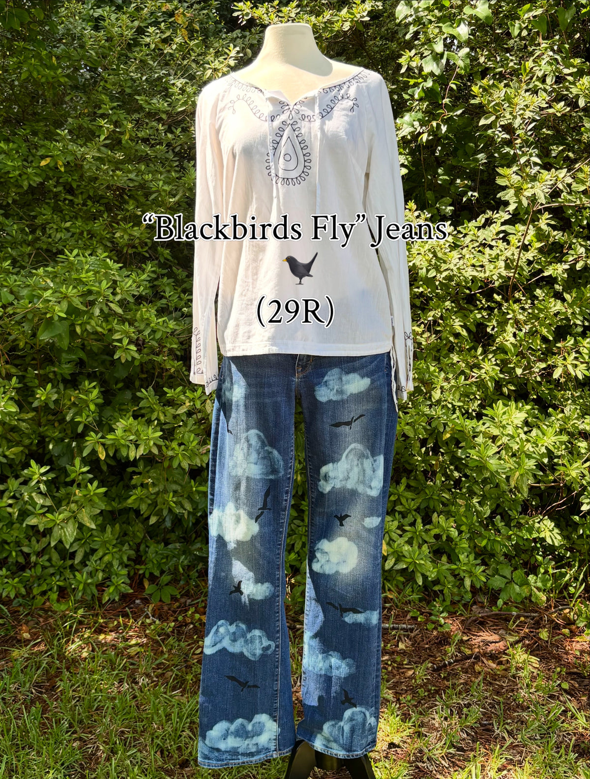 “Blackbirds Fly” Upcycled Medium Curvy Bootcut Jeans (29 R)