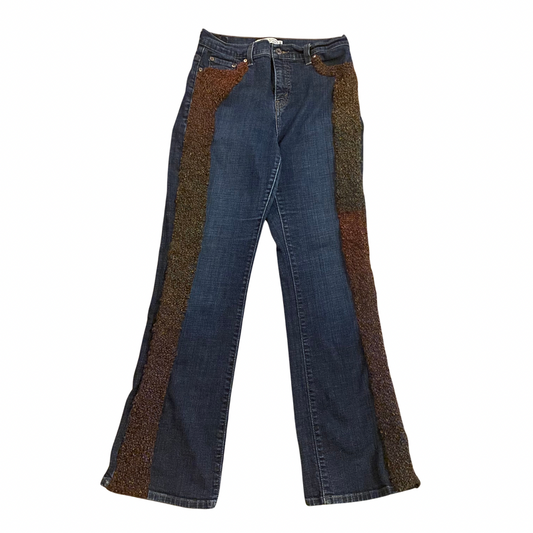 70’s Inspired Upcycled Secondhand Levi Bootcut 512 Jeans with Handknit Accents (10 M)