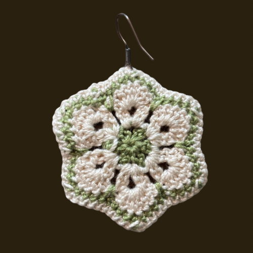 Cream & Sage Green Micro-crocheted Cotton Flower Earrings