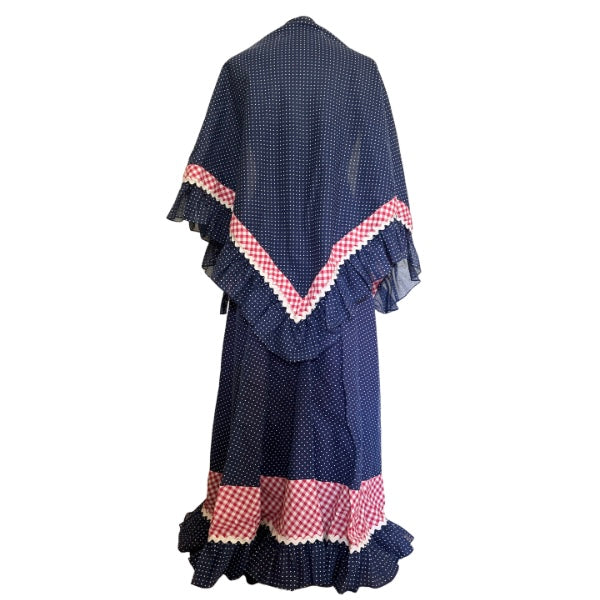 1960’s/70’s Navy Blue/White/Red Polka Dot & Gingham Trim Maxi Dress & Matching Shawl (S)