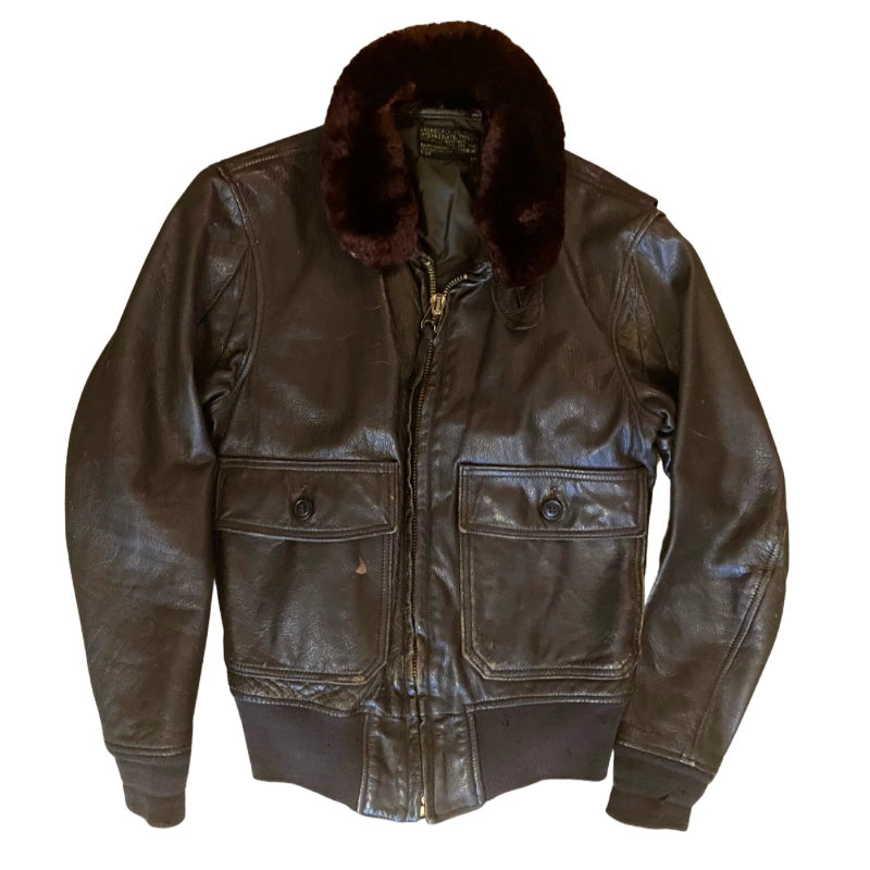 *RARE VINTAGE* 1960s USN Men’s Type G-1 Chocolate Brown Leather Flight Jacket with Fur Collar  (36)