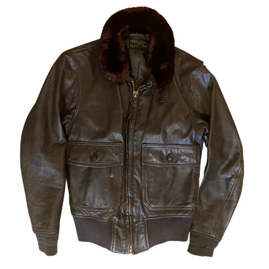 *RARE VINTAGE* 1960s USN Men’s Type G-1 Chocolate Brown Leather Flight Jacket with Fur Collar  (36)