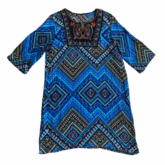 Geometric Pattern Blue/ Black/ Red/ Yellow Tunic/Dress with Embroidered Collar (M/L)