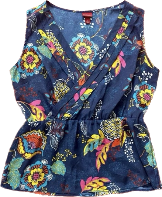 Tropical Blue Floral Print Sleeveless Wrap Front Top (L)