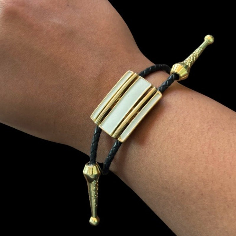 Upcycled Vintage Art Deco White, Gold, and Black Rectangle Bar Bolo Bracelet