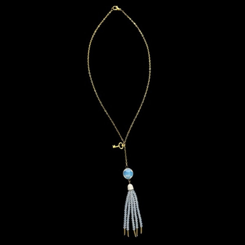 Beaded Tassel and Key Charm Gold-toned Drop Pendant Choker Necklace