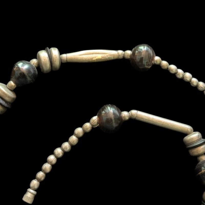 Vintage Black, Bronze & Silver Beaded Mixed Metal & Wood Disc Pendant Necklace