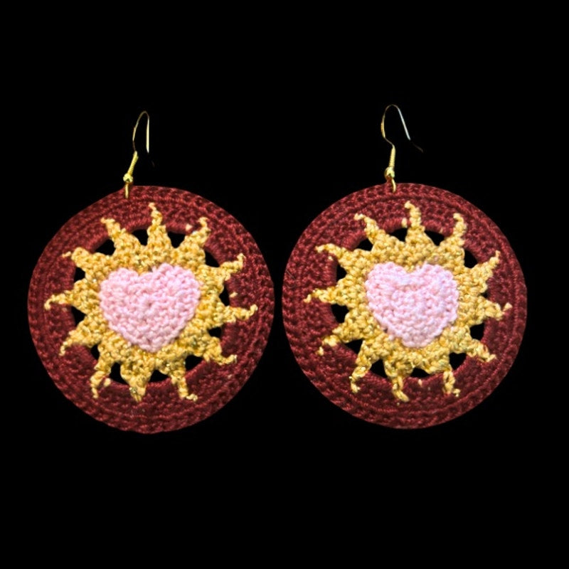 Pink, Gold, & Burgundy Hearts on Fire Micro-crocheted Disc Earrings