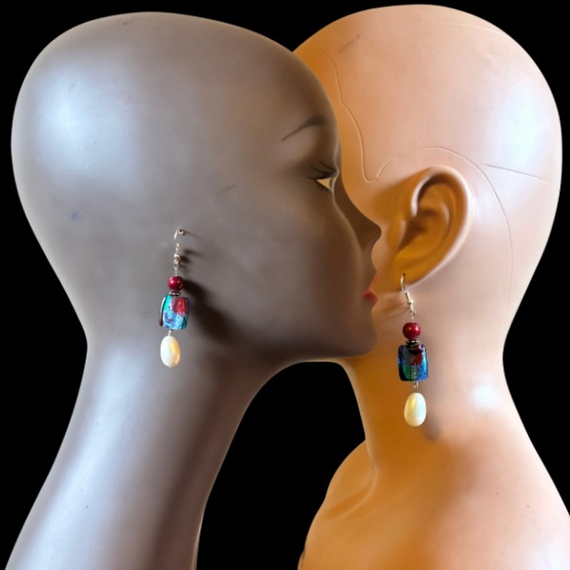 Baroque-Inspired Red, Multi Blue, & Pearl Bead Drop Earrings