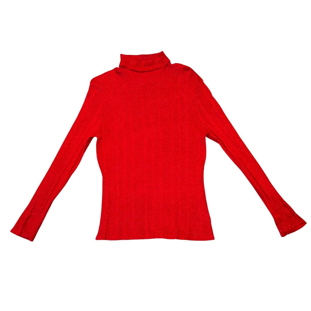 Vintage Red Stretchy Sparkly Ribbed Knit Turtleneck Long Sleeve Shirt