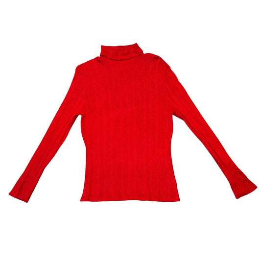 Vintage Red Stretchy Sparkly Ribbed Knit Turtleneck Long Sleeve Shirt