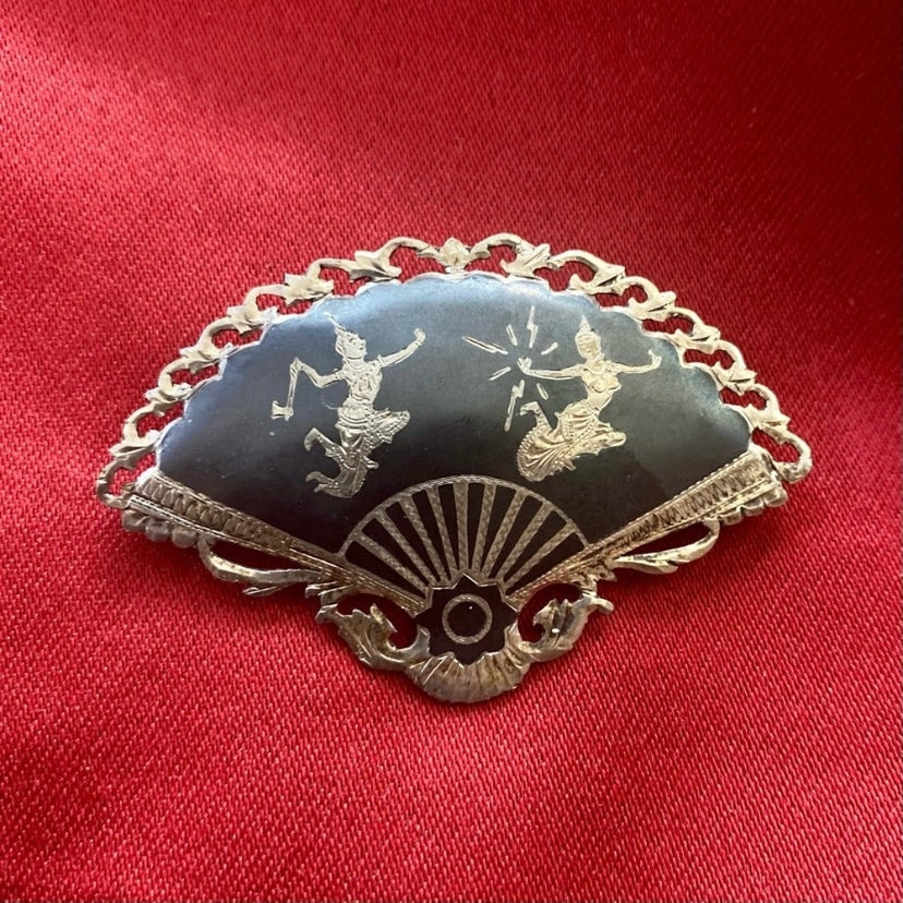 Vintage Black & Silver Siam Niello Sterling Silver Dancers Filigree Fan Brooch