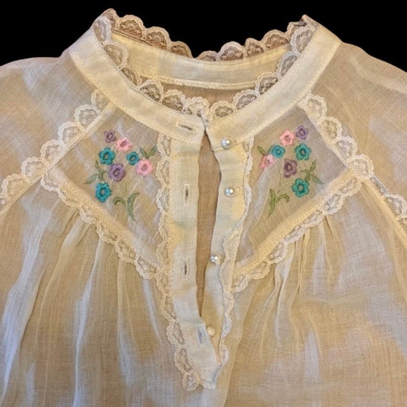 Vintage Sheer Pastel Yellow Floral Embroidered Lace Collar Short Sleeve Blouse (S-M)