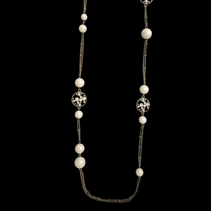 Vintage Bronze-tone Costume Pearl Bead & Rhinestone Studded Chain Necklace/ Belt (35”)