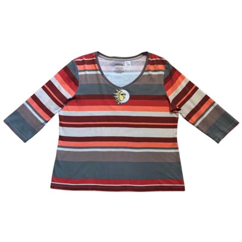 Vintage Sun and Moon Patch Coral Pink/Green Striped 3/4 Sleeve Cotton V-Neck Top (L-XL)
