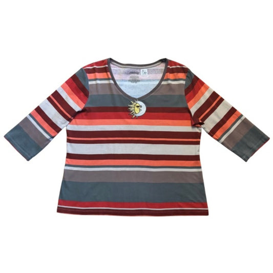 Vintage Sun and Moon Patch Coral Pink/Green Striped 3/4 Sleeve Cotton V-Neck Top (L-XL)