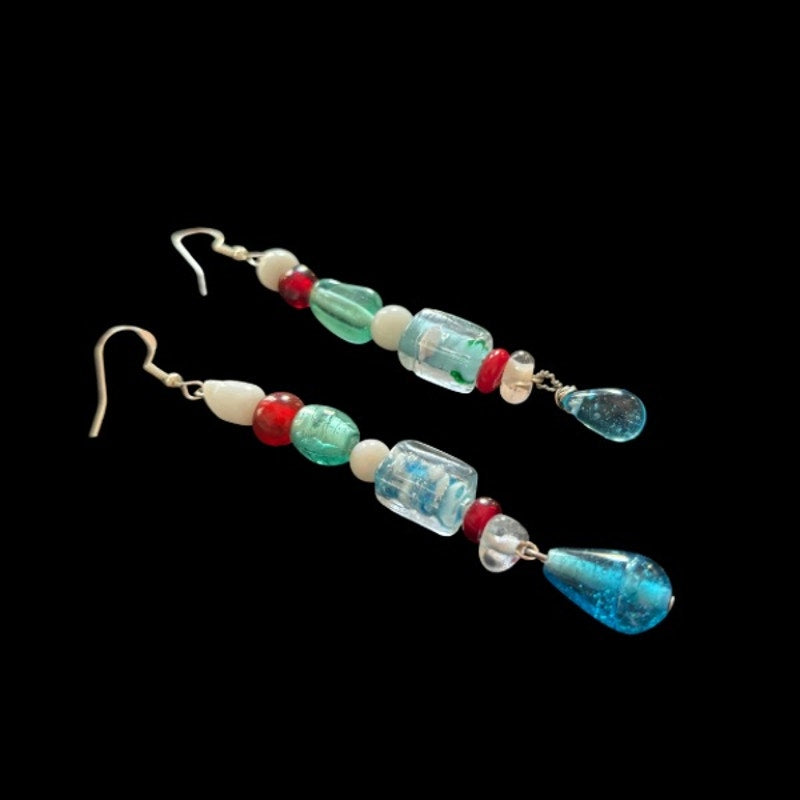 Abstract Red, White, and Blue Stacked Glass Bead Drop Earrings