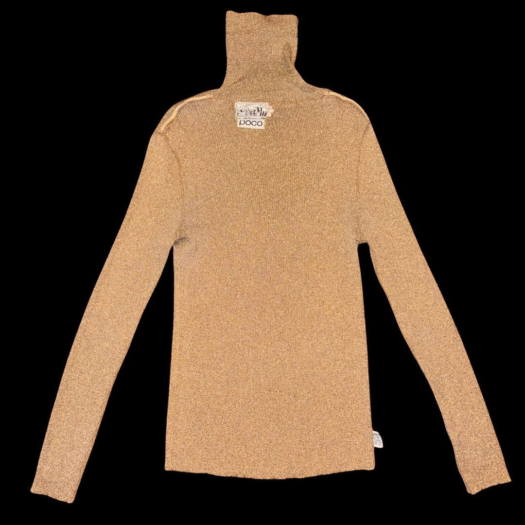 1970’s Vintage Sheer Ribbed Knit Gold Metallic Turtleneck Long Sleeved Sweater (M)