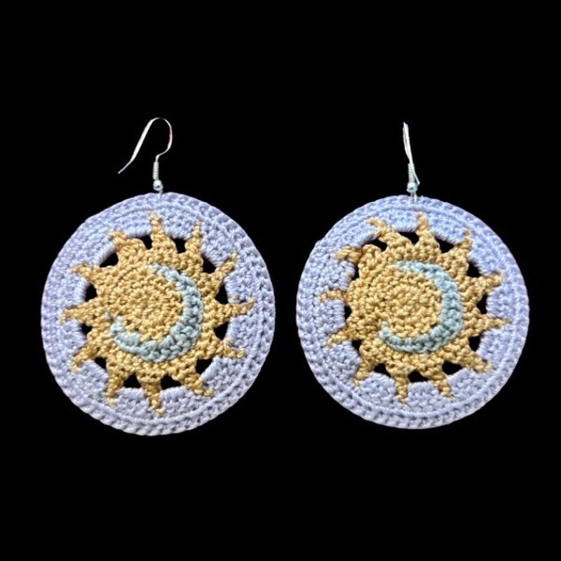 Lavender Sun and Moon Micro-crocheted Disc Earrings | Made by Maya