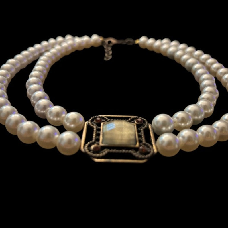 Double Strand Pearl Necklace with Square Vintage Costume Jade & Amber Rhinestone Studded Bronze Pendant
