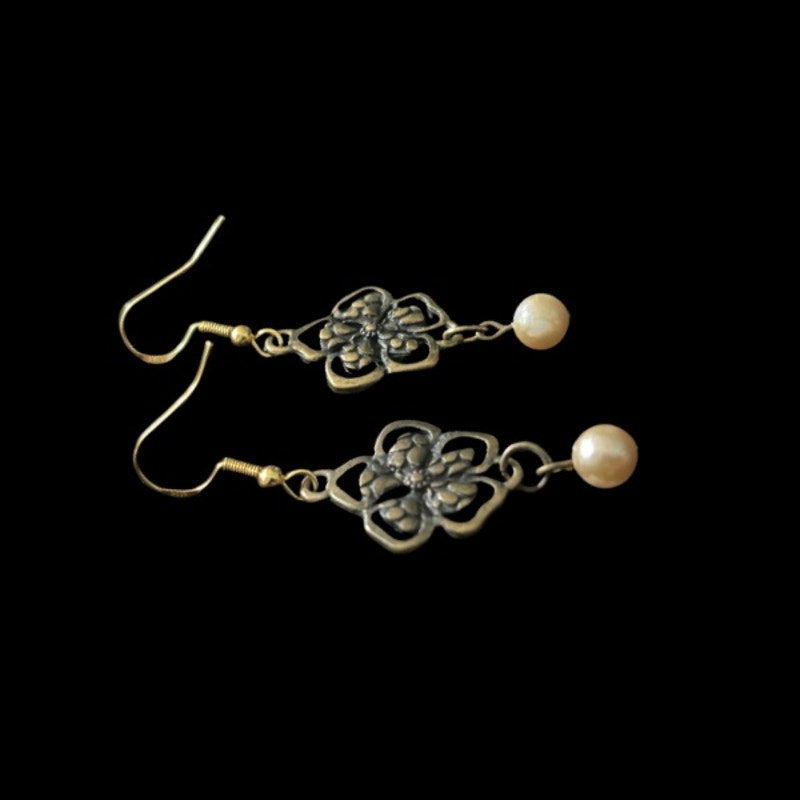 Baroque-Inspired Bronze Flower & Cream Pearl Drop Earrings