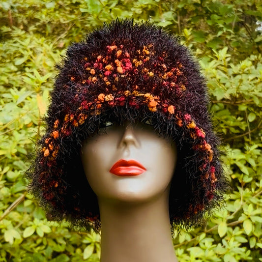 Hand-knit Fuzzy Orange, Red & Black Bucket Hat (OSFM)