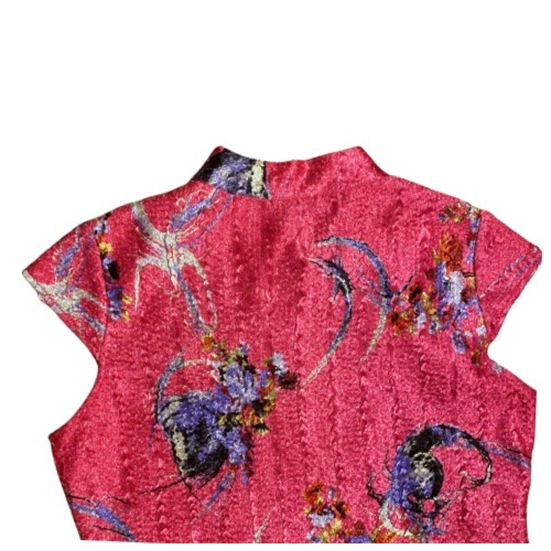 Vintage Hot Pink Chinese Silk du Jin Floral Qipao Mini-Dress (L)