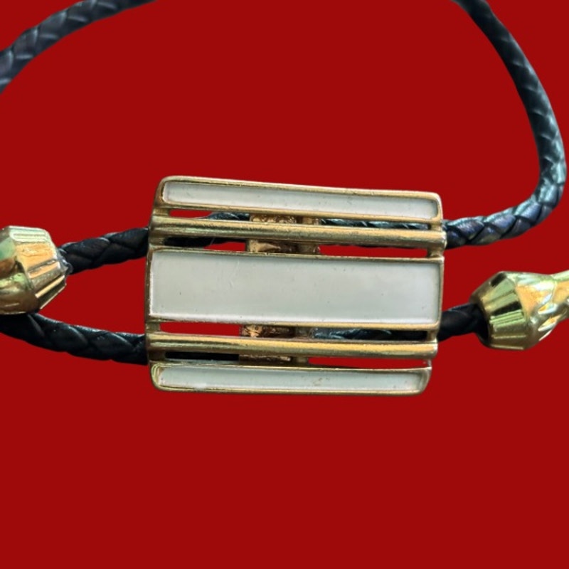 Upcycled Vintage Art Deco White, Gold, and Black Rectangle Bar Bolo Bracelet