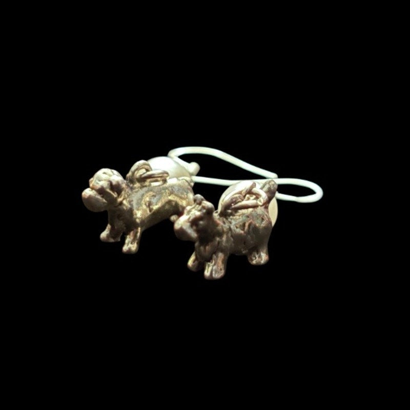 Pearl Bead & Vintage Sterling Silver Terrier and Bulldog Charm Drop Earrings