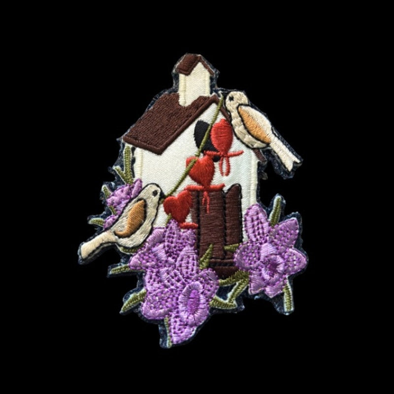 Lovebirds Birdhouse and Purple Flowers Vintage Embroidered Patch Pin